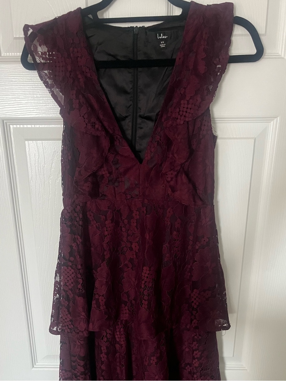 Lulu's Wine Burgundy Lace Ruffle Tiered V-Neck Maxi Dress - Picture 2 of 7
